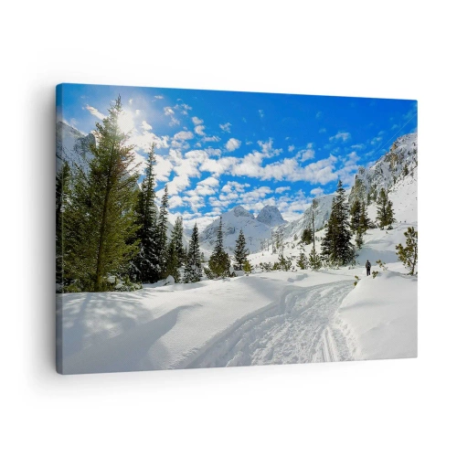 Canvas picture - Winter mountain landscape with a forest and a path in the snow - 70x50cm - In Snow and in the Sun - Modern wall decoration for the living room and bedroom ARTTOR