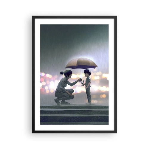 Poster in black frame - An adult handing an umbrella to a child against a rainy background - 50x70cm - And Everything Is All Right - Modern wall decoration for the living room and bedroom ARTTOR