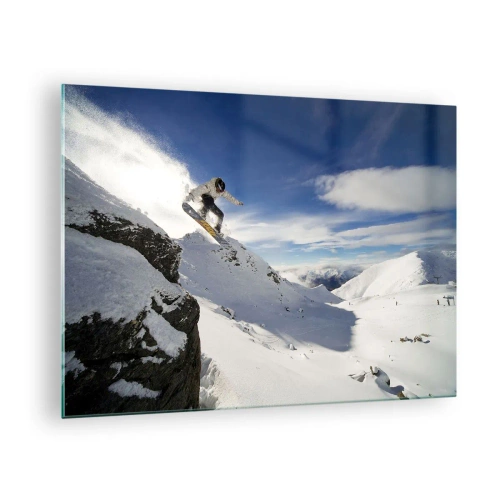 Glass picture - A snowboarder jumping off a cliff in the mountains in winter - 70x50cm - Freedom without Borders - Modern wall decoration for the living room and bedroom ARTTOR