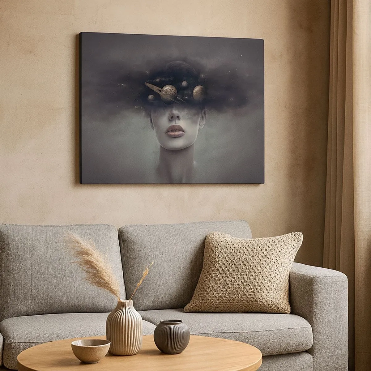 Canvas picture - A woman's face with a planet and space motif in the background - 70x50cm - And Planets are Revolving… - Modern wall decoration for the living room and bedroom ARTTOR