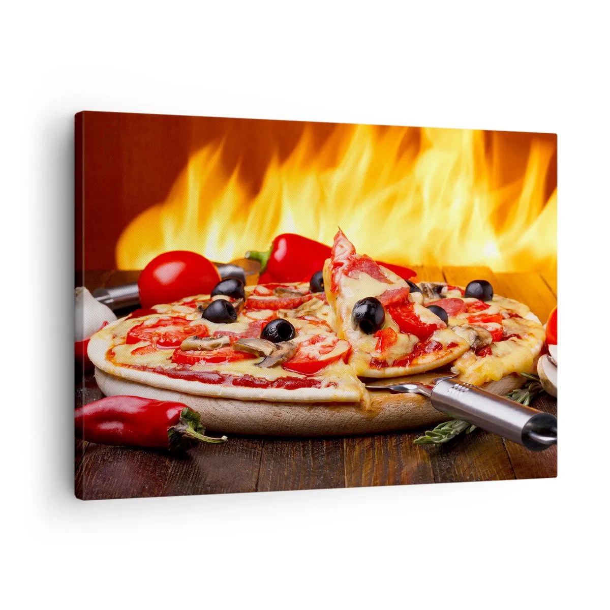 Canvas picture - Pizza with olives, tomatoes and peppers against a background of flames - 70x50cm - From Italy with Love - Modern wall decoration for the living room and bedroom ARTTOR