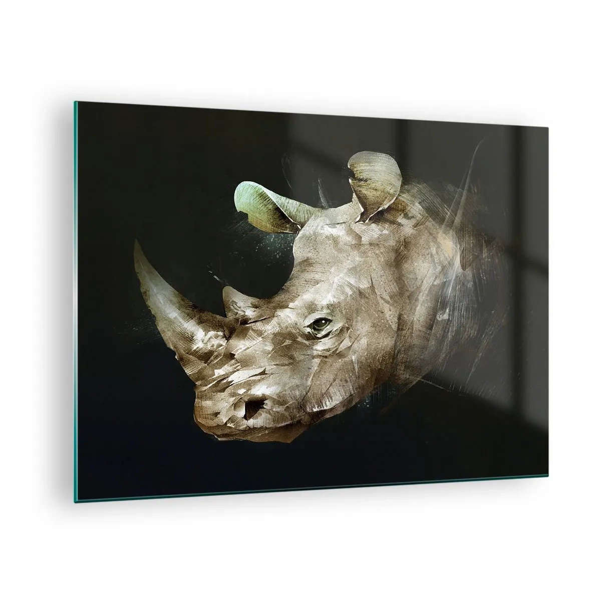 Glass picture - Artistic representation of a rhinoceros head against a dark background - 70x50cm - Real Man Power - Modern wall decoration for the living room and bedroom ARTTOR