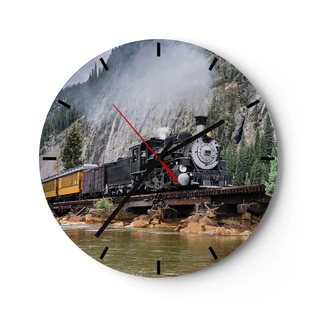Wall clock - Clock on glass - A steam locomotive on a bridge in a mountain landscape over a river - 30x30cm - Where Are You off to? - Modern wall decoration for the living room, kitchen, and bedroom ARTTOR