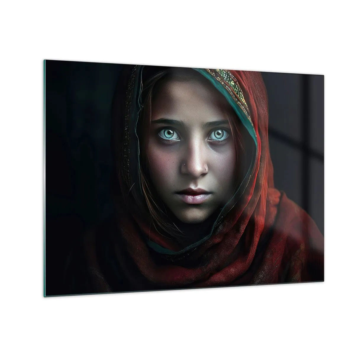 Glass picture - Portrait of a woman in a red scarf against a dark background - 70x50cm - Eastern Princess - Modern wall decoration for the living room and bedroom ARTTOR