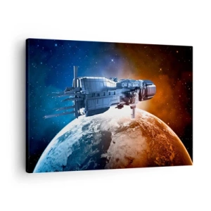 Canvas picture - A spaceship against the backdrop of a planet in space - 70x50cm - Careful Observer - Modern wall decoration for the living room and bedroom ARTTOR