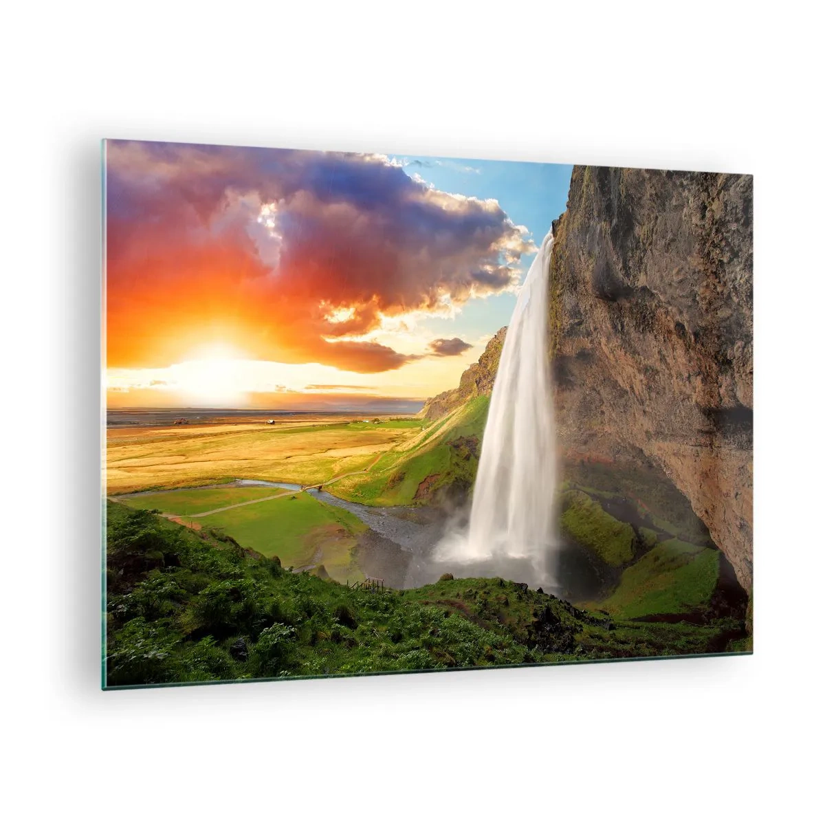 Glass picture - Icelandic waterfall in the rays of the setting sun - 70x50cm - Midsummer in Iceland - Modern wall decoration for the living room and bedroom ARTTOR