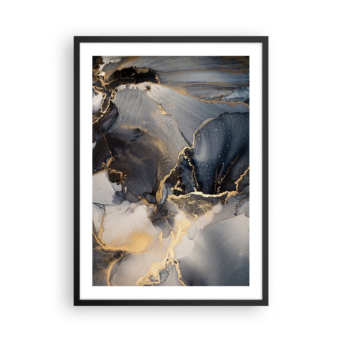 Poster in black frame - An abstract composition in dark shades with gold accents. - 50x70cm - Life of a Stone - Modern wall decoration for the living room and bedroom ARTTOR