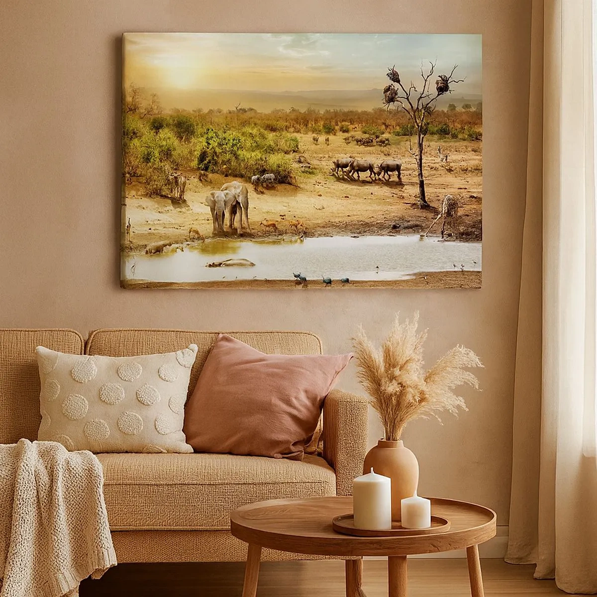 Canvas picture - Elephants and wild animals at a watering hole at sunset - 70x50cm - There Is a River that Flows from Eden - Modern wall decoration for the living room and bedroom ARTTOR