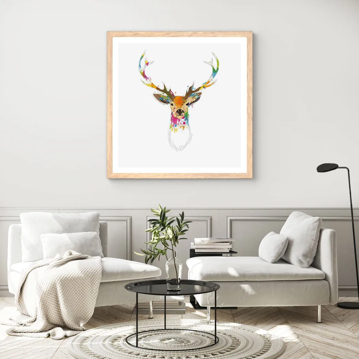 Poster in light oak frame - Deer Bathed in Colour - 50x50 cm