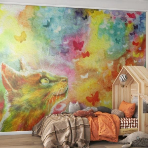 Photo Wallpaper Premium Sand - Cat's Dream - Animals, Cat, Butterfly - 300x210 cm