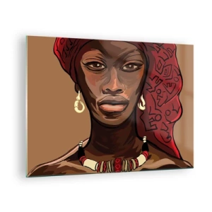 Glass picture - Stylized portrait of a woman in a red turban with jewelry. - 70x50cm - Ebony Venus - Modern wall decoration for the living room and bedroom ARTTOR