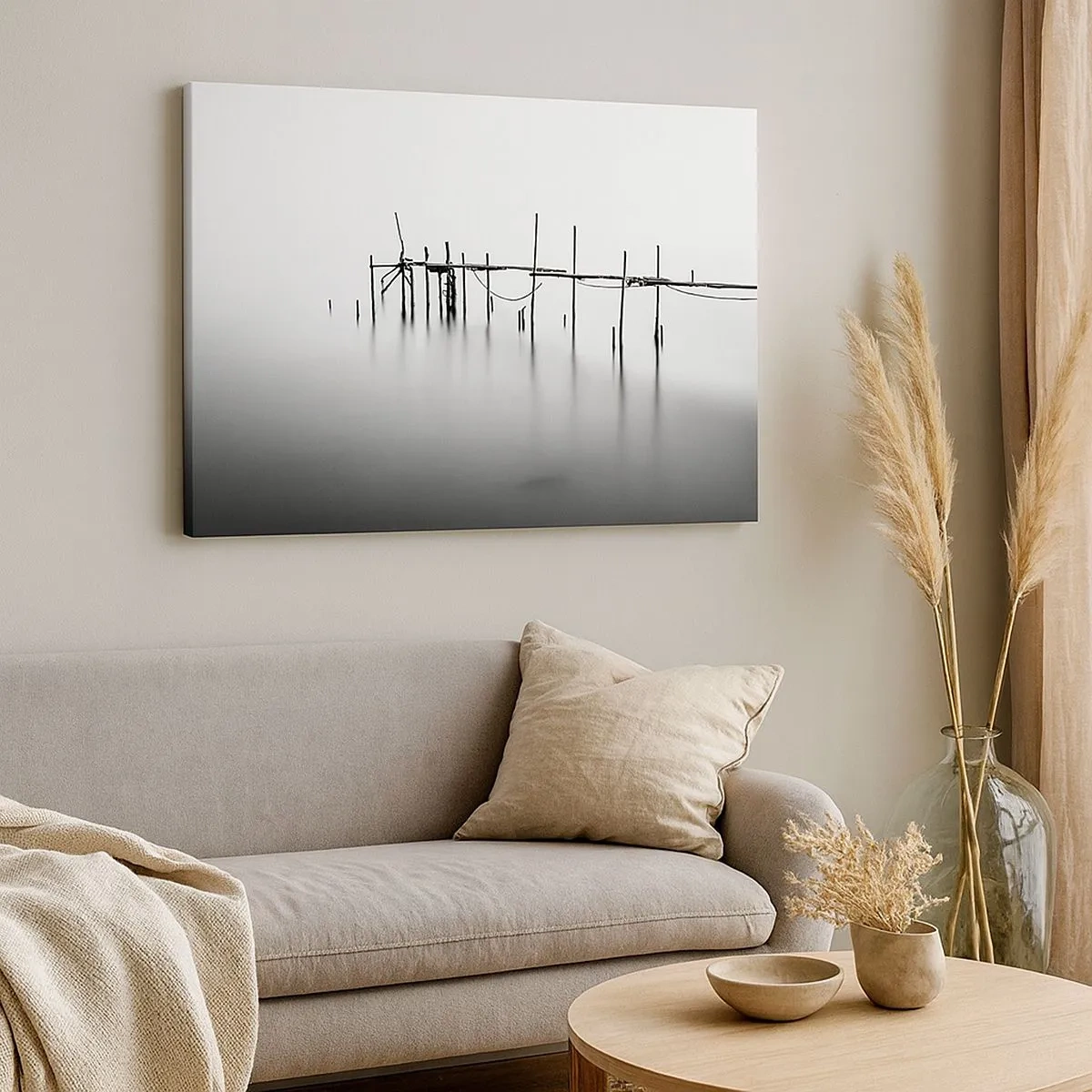 Canvas picture - A black and white jetty immersed in a misty landscape - 70x50cm - And If the World Doesn't Exist? - Modern wall decoration for the living room and bedroom ARTTOR