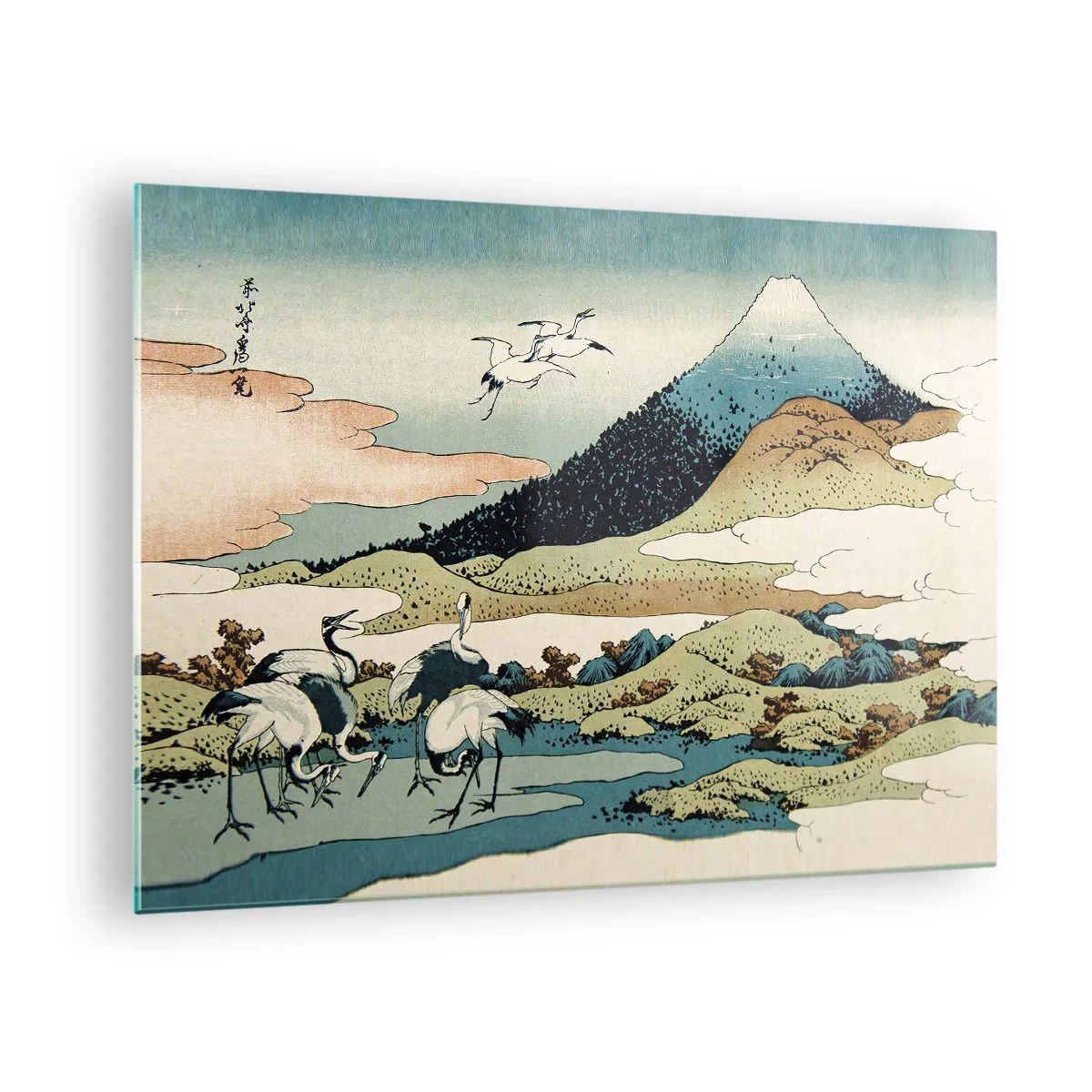 Glass picture - A painting of birds in a Japanese landscape overlooking Mount Fuji. - 70x50cm - In a Japanese Spirit - Modern wall decoration for the living room and bedroom ARTTOR