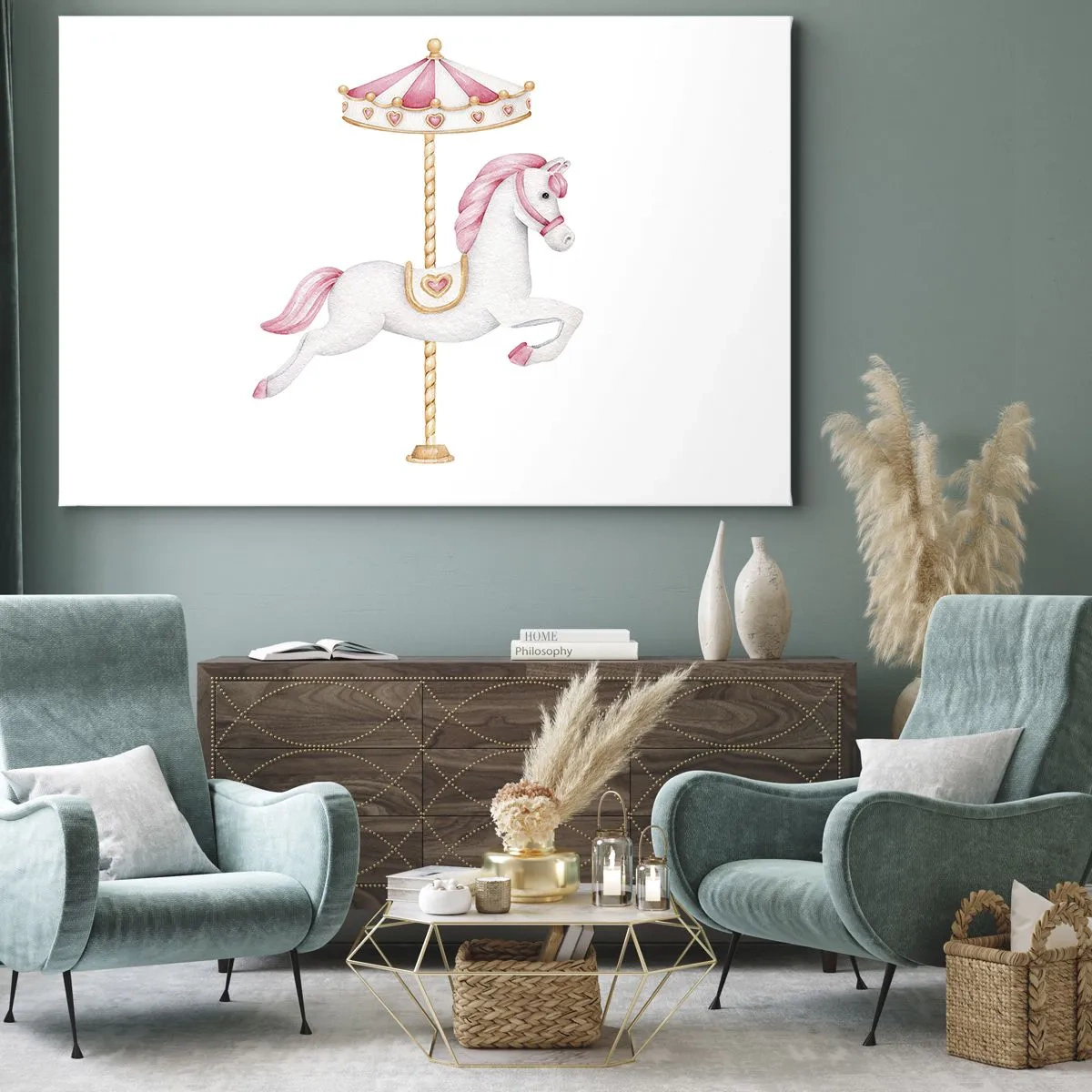 Canvas picture - A carousel horse in pastel shades of pink - 70x50cm - Off the Hoofs - Modern wall decoration for the living room and bedroom ARTTOR