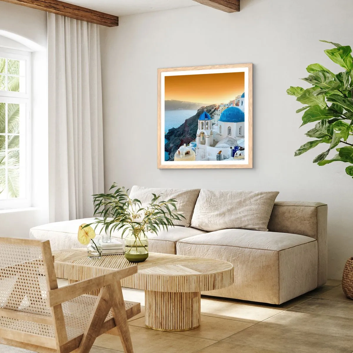 Poster in light oak frame - Santorini - Snuggling up to the Rocks - 50x50 cm