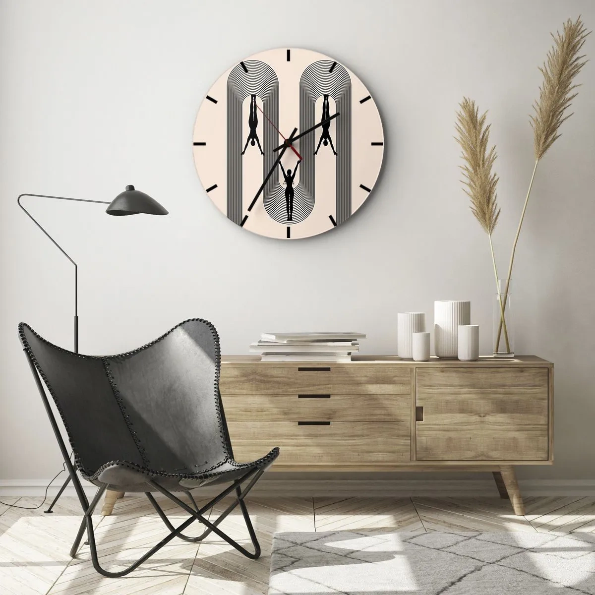 Wall clock - Clock on glass - Black silhouettes of figures in motion among geometric arcs - 30x30cm - Upside Down - Modern wall decoration for the living room, kitchen, and bedroom ARTTOR