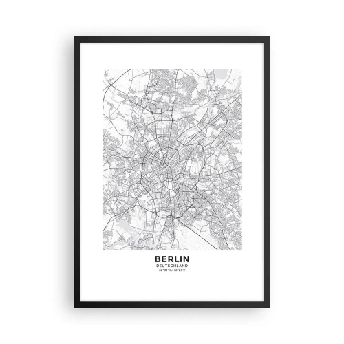 Poster in black frame - A black and white map of Berlin with precisely mapped streets. - 50x70cm - Flower of Berlin - Modern wall decoration for the living room and bedroom ARTTOR