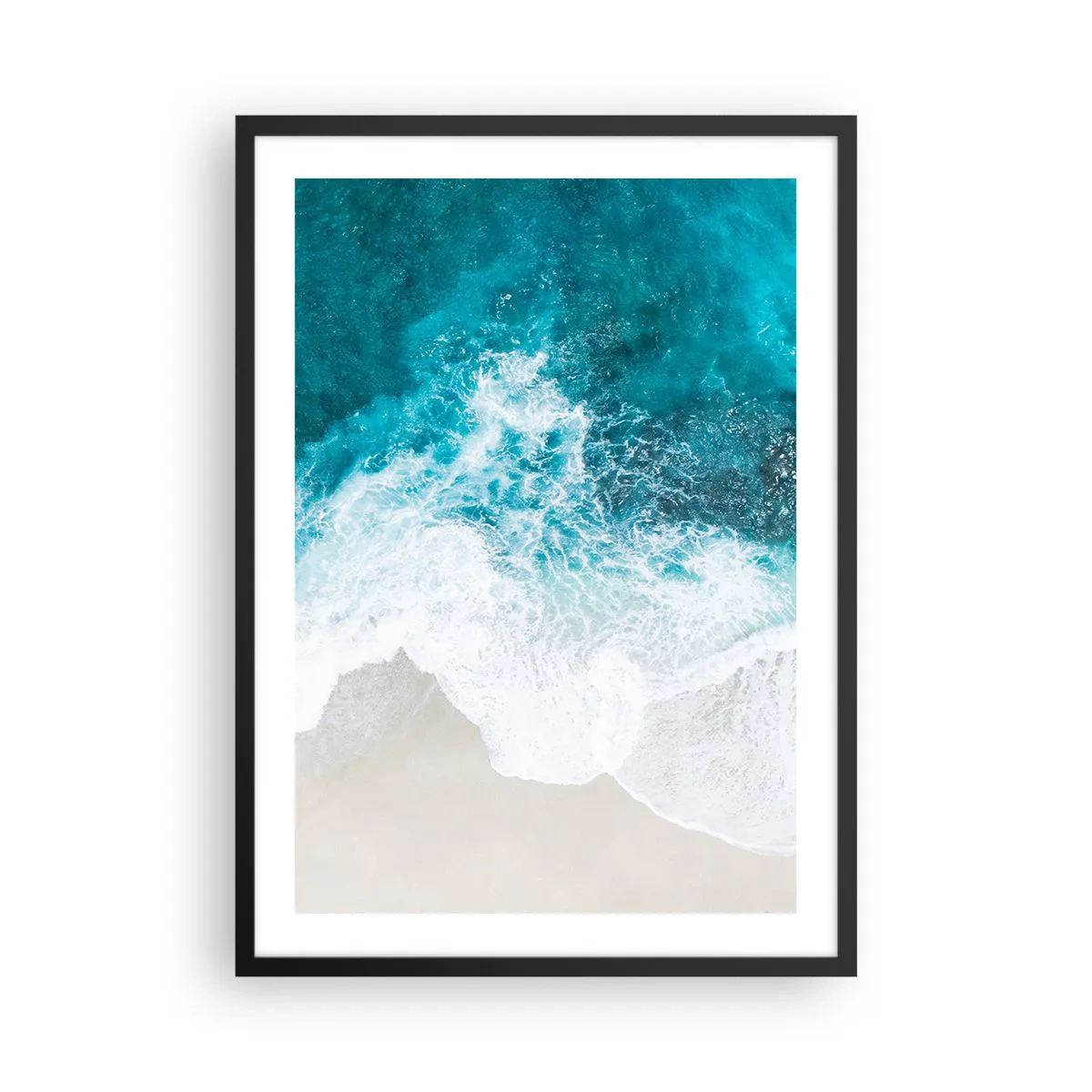 Poster in black frame - Aerial view of turquoise waves crashing onto a sandy beach - 50x70cm - Natural Caress - Modern wall decoration for the living room and bedroom ARTTOR