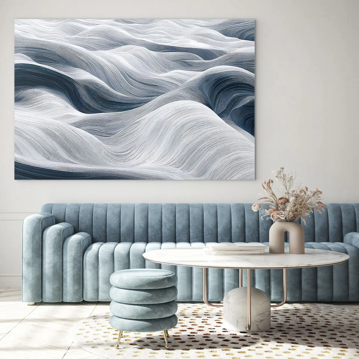 Glass picture - Abstract waves in shades of white and blue creating a movement effect - 70x50cm - White and Blue Waves - Modern wall decoration for the living room and bedroom ARTTOR
