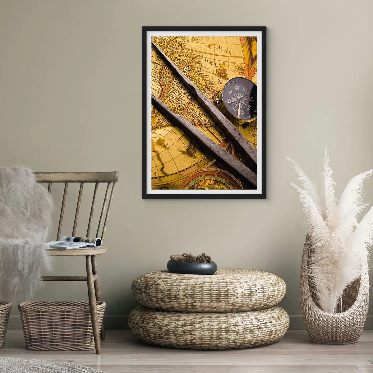 Poster in black frame - Old map with compass and navigation tools - 50x70cm - With a Compass through the Seas - Modern wall decoration for the living room and bedroom ARTTOR