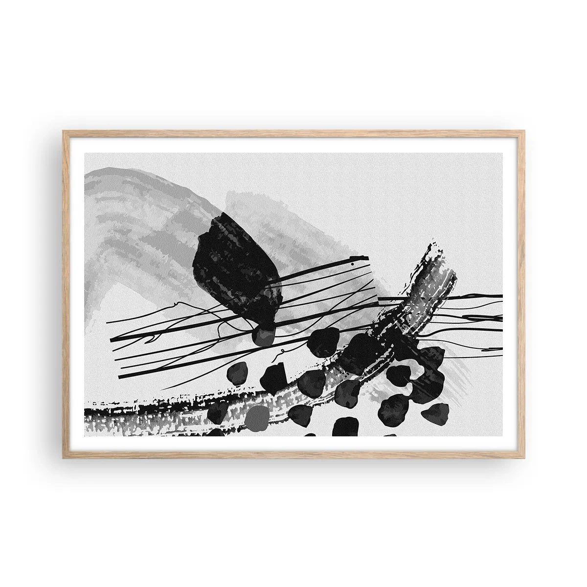 Poster in light oak frame - Black and White Organic Abstraction - 100x70 cm