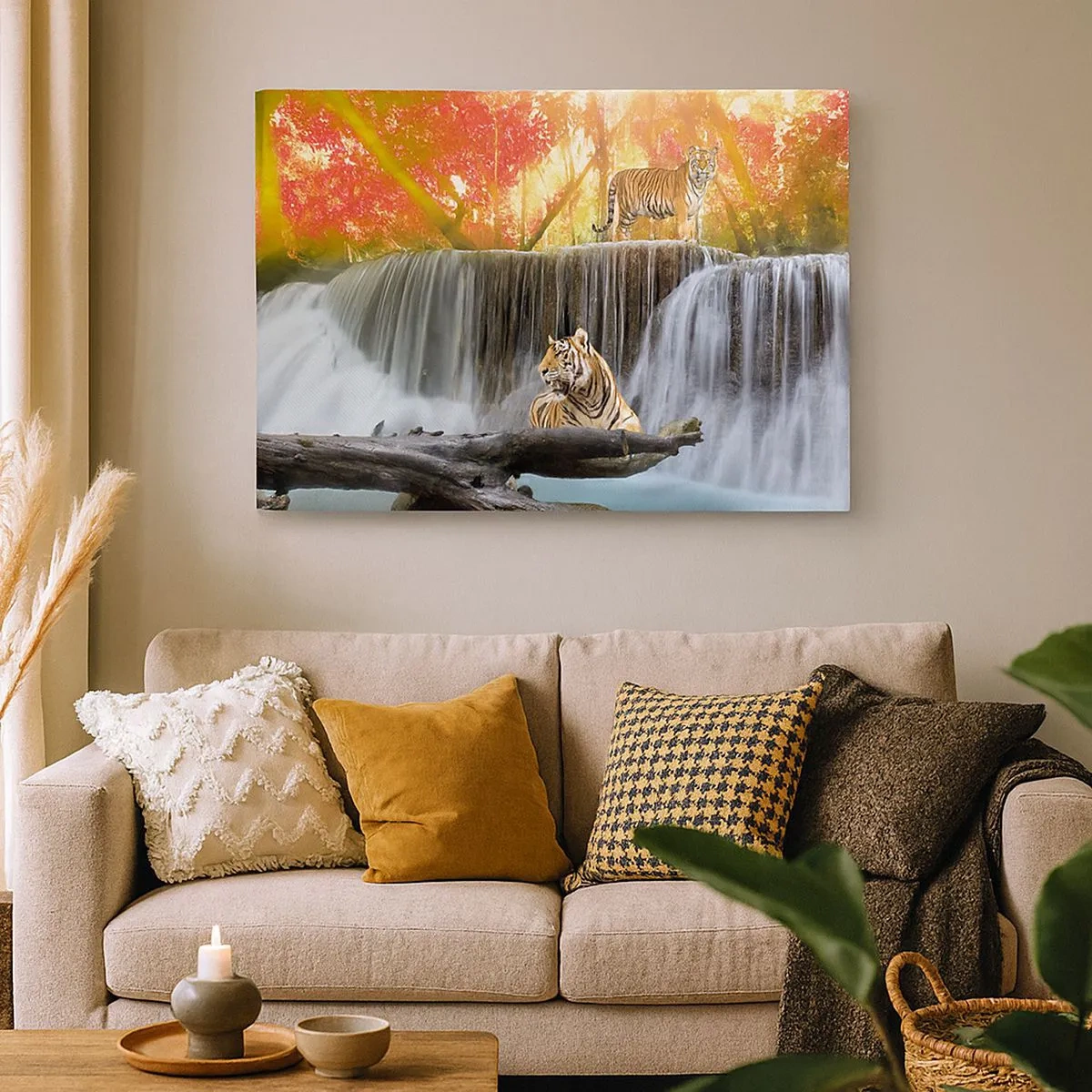Canvas picture - Tigers at a waterfall in the autumn forest - 70x50cm - Surrealistic Landscape - Modern wall decoration for the living room and bedroom ARTTOR