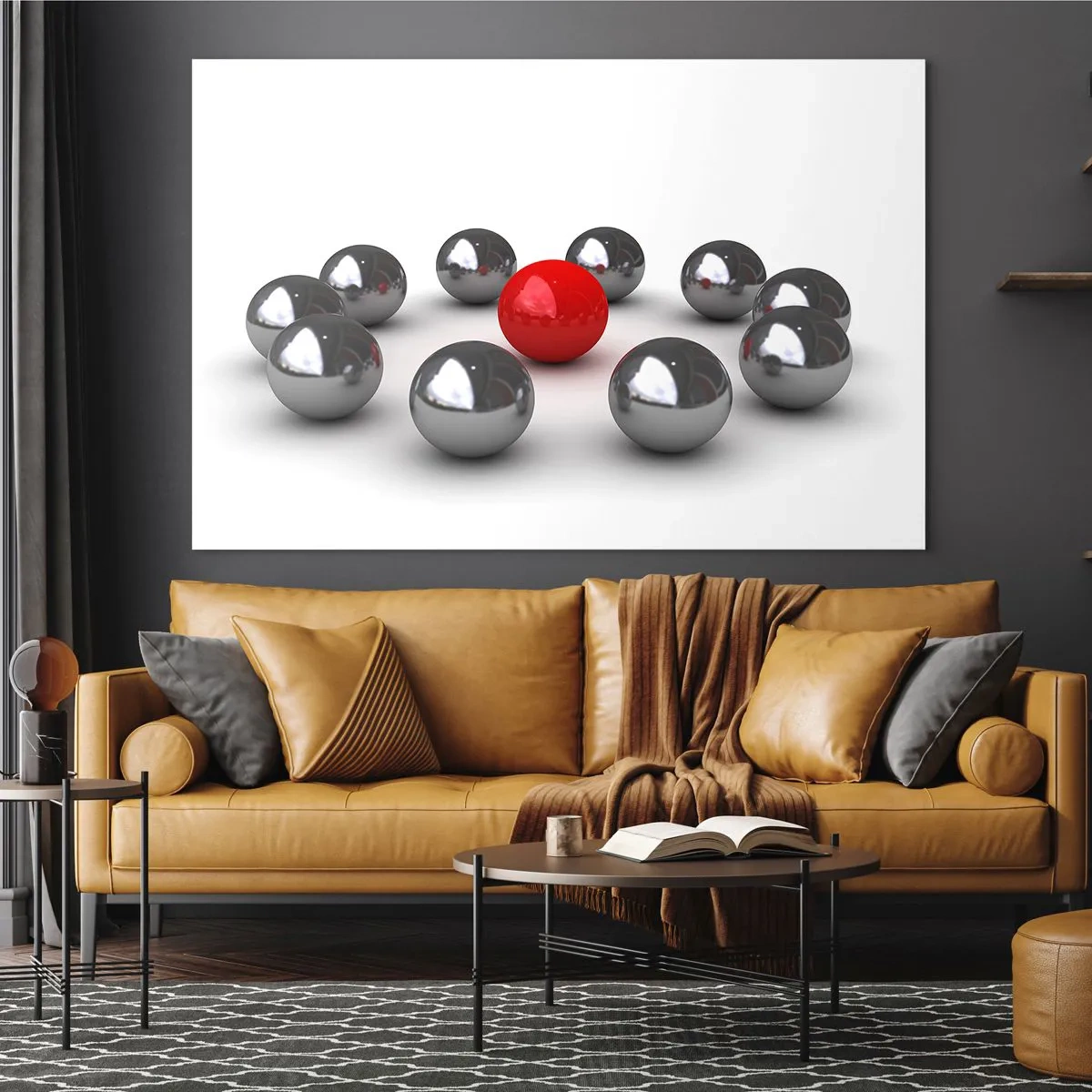 Glass picture - Circle in Silver and Red - 120x80 cm