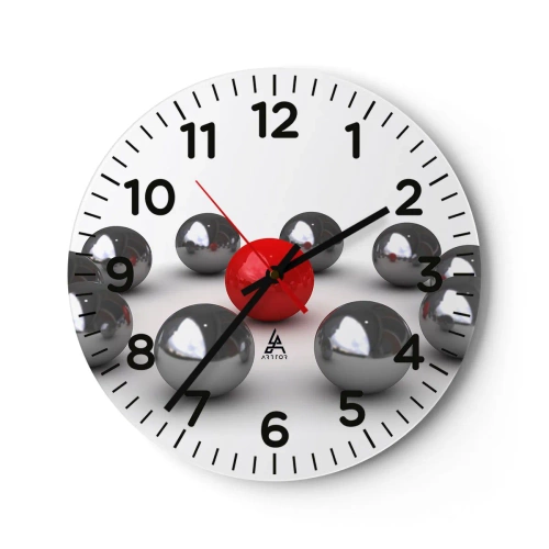 Wall clock - Clock on glass - Circle in Silver and Red - 30x30 cm