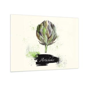 Glass picture - Watercolor artichoke graphic with the word Artichoke written on it - 70x50cm - Eviva Vegetables! - Modern wall decoration for the living room and bedroom ARTTOR