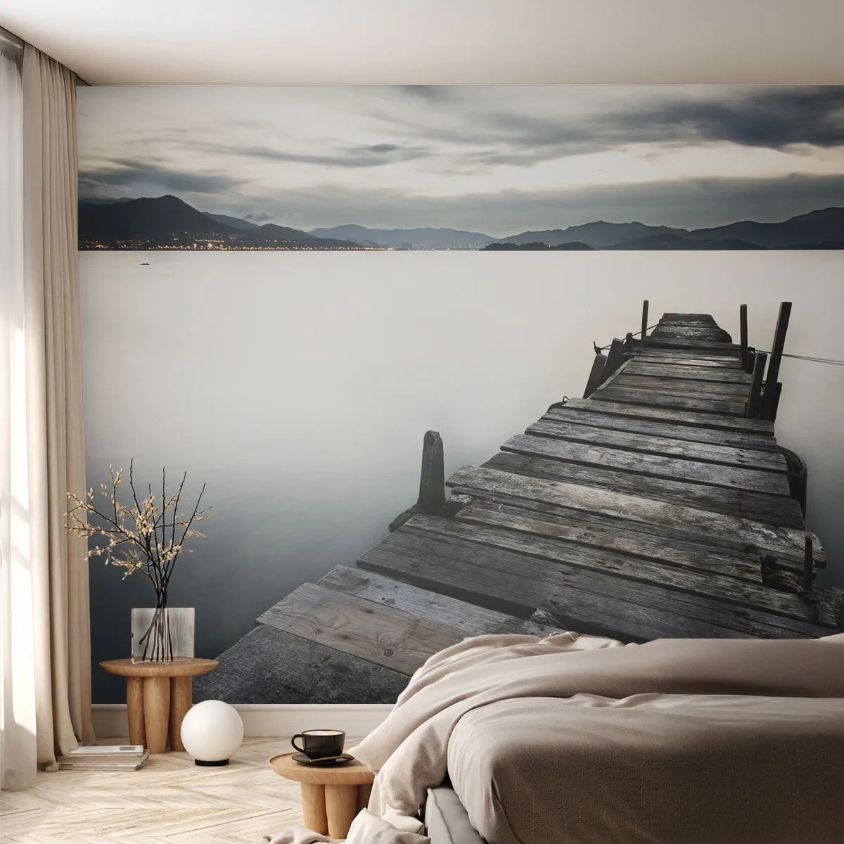 Self-Adhesive Photo Wallpaper Deluxe Sticker - Submerging in Tranquility - Landscape, Lake, Wooden Bridge - 150x105 cm