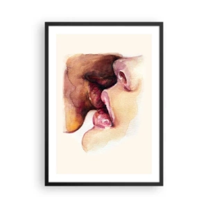 Poster in black frame - Watercolor lips in an intimate kiss against a light background - 50x70cm - Like Night and Day, Earth and Heaven - Modern wall decoration for the living room and bedroom ARTTOR