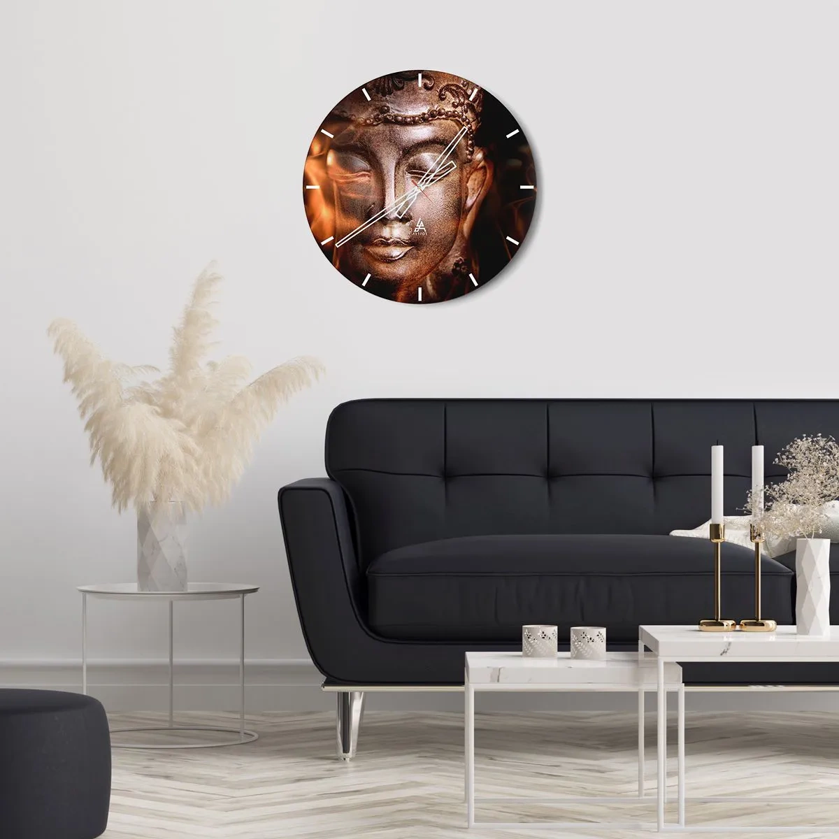 Wall clock - Clock on glass - A golden Buddha sculpture with a soft light in the background - 30x30cm - There Is Only Now and Here - Modern wall decoration for the living room, kitchen, and bedroom ARTTOR