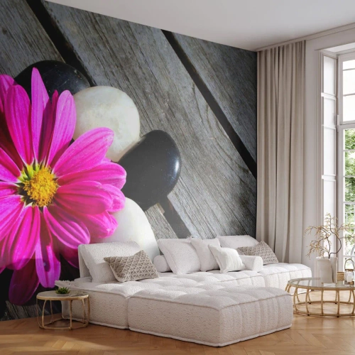Photo Wallpaper Premium Sand - Rest on a Pier - Flower, Stones, Wooden Bridge - 450x315 cm
