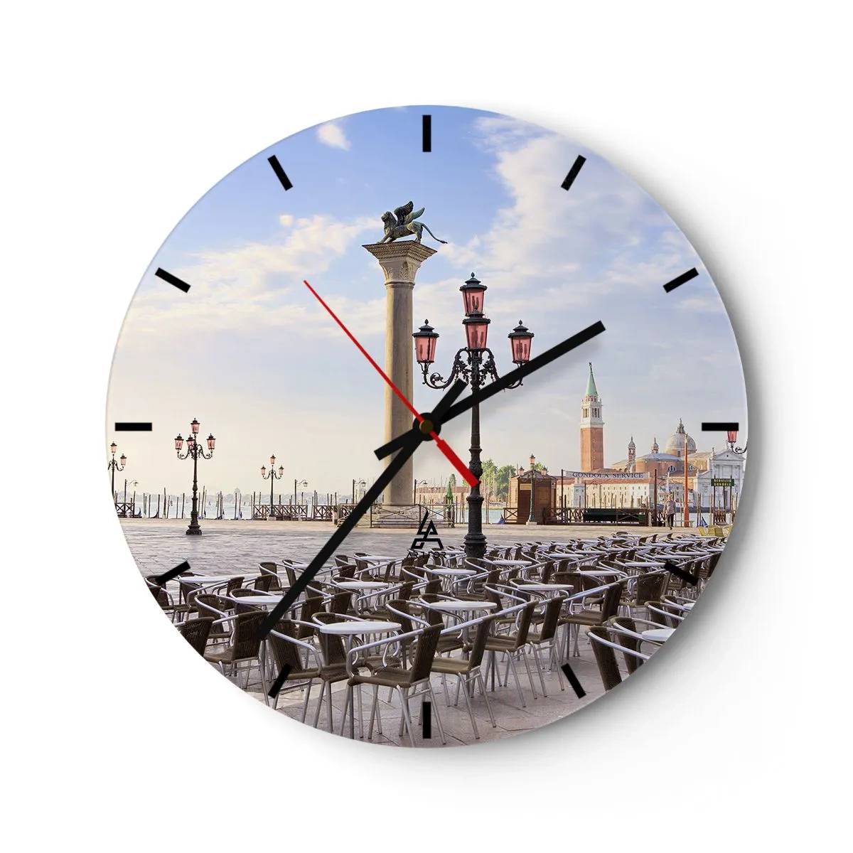 Wall clock - Clock on glass - Venetian square with lanterns and a view of the tower in the background - 30x30cm - Everything Is Ready - Modern wall decoration for the living room, kitchen, and bedroom ARTTOR