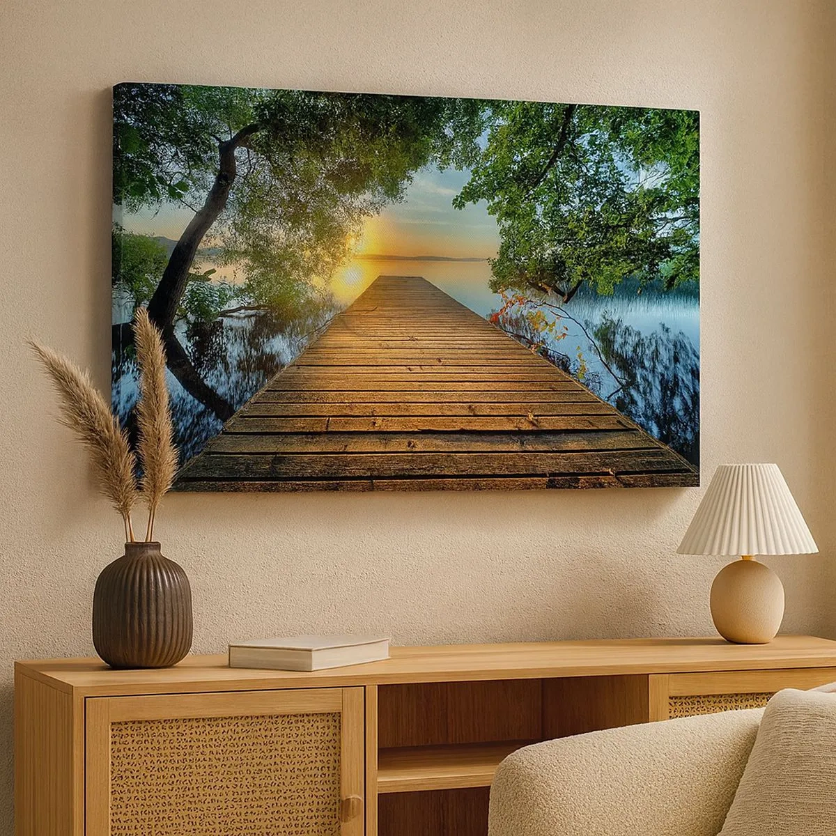 Canvas picture - A wooden pier surrounded by greenery during sunset - 70x50cm - Don't Hurry, Sit Down - Modern wall decoration for the living room and bedroom ARTTOR