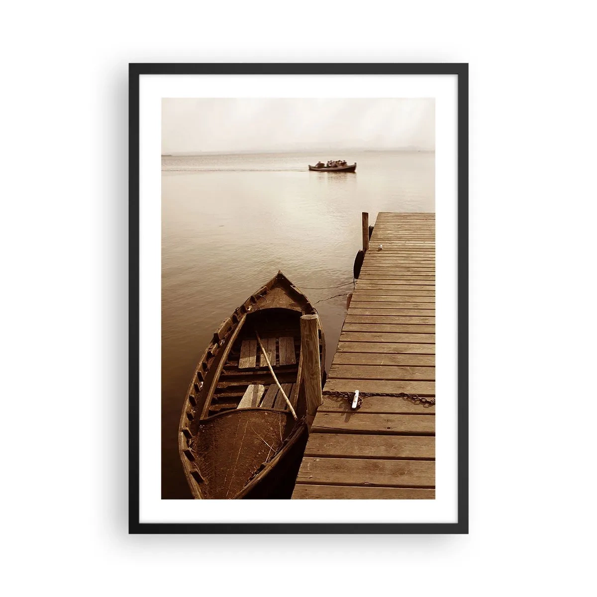 Poster in black frame - A boat at a wooden pier in sepia - 50x70cm - Great Calm - Modern wall decoration for the living room and bedroom ARTTOR