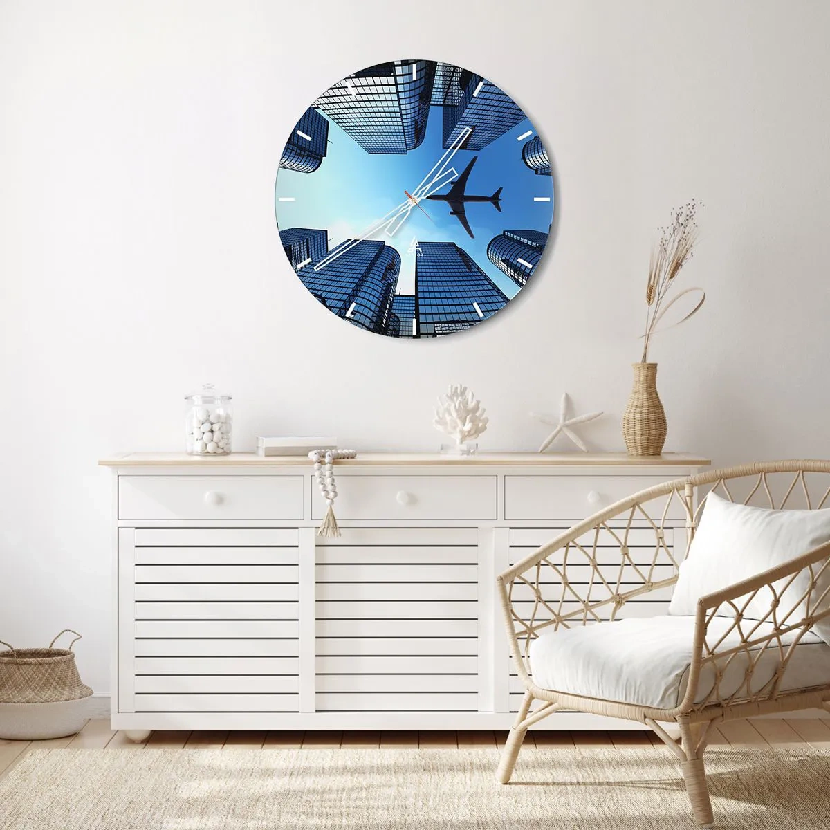 Wall clock - Clock on glass - A plane over modern skyscrapers against a blue sky - 30x30cm - View from a Glass Gorge - Modern wall decoration for the living room, kitchen, and bedroom ARTTOR