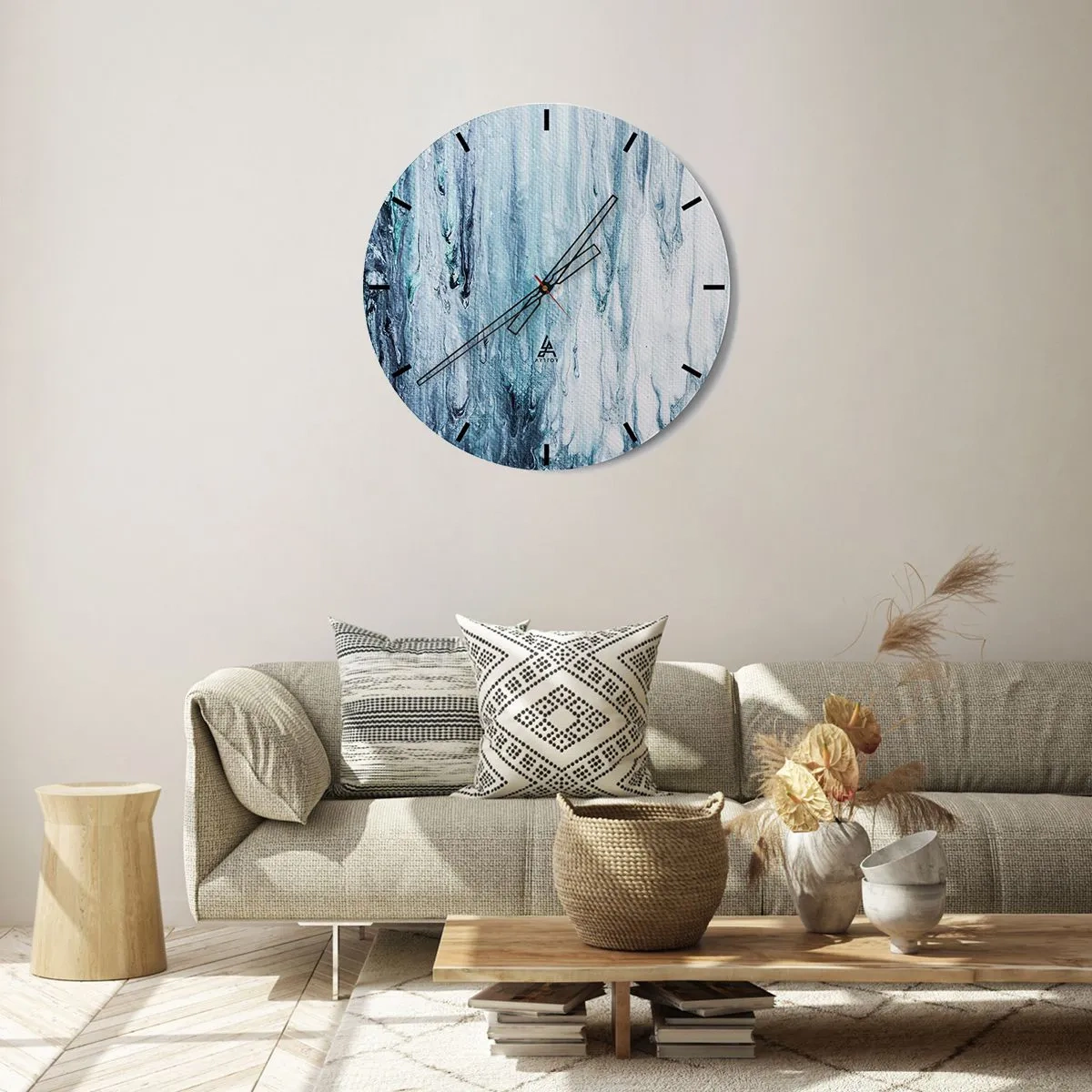 Wall clock - Clock on glass - Abstract waterfall in shades of blue - 30x30cm - Blue Icicles - Modern wall decoration for the living room, kitchen, and bedroom ARTTOR