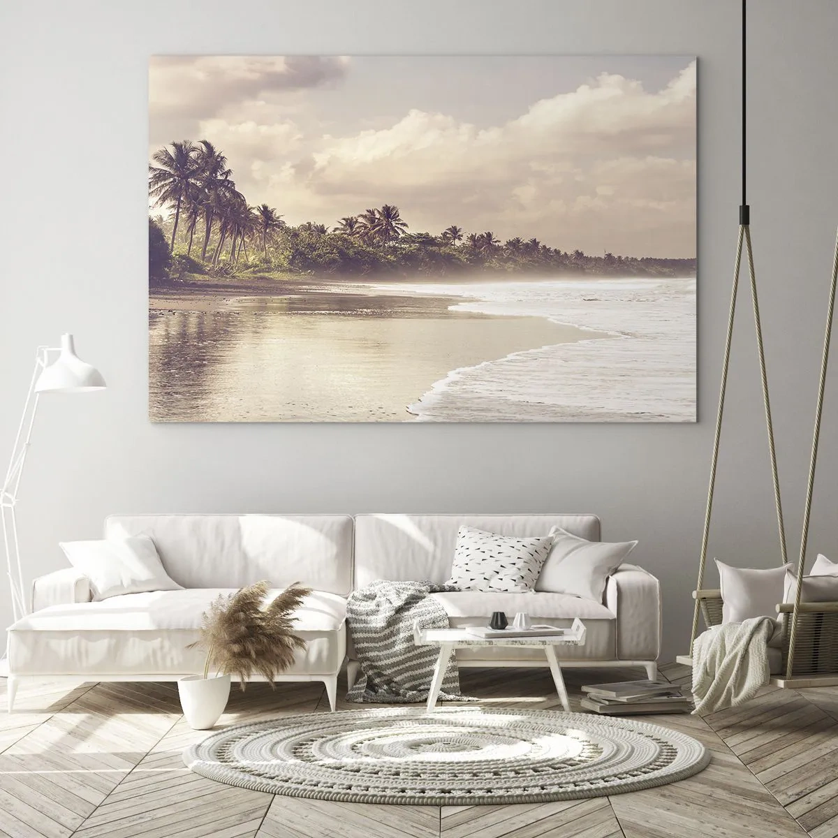 Glass picture - A golden beach with palm trees and a calm ocean in the soft light - 70x50cm - Caress of the Waves - Modern wall decoration for the living room and bedroom ARTTOR