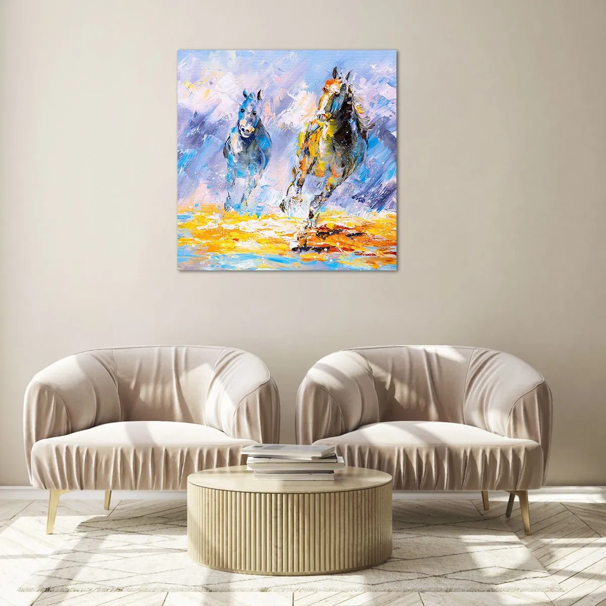 Glass picture - Galloping through Light - 70x70 cm