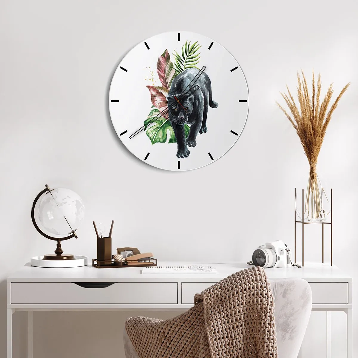 Wall clock - Clock on glass - Black panther with exotic leaves on a white background - 30x30cm - Wilderness of the Heart - Modern wall decoration for the living room, kitchen, and bedroom ARTTOR