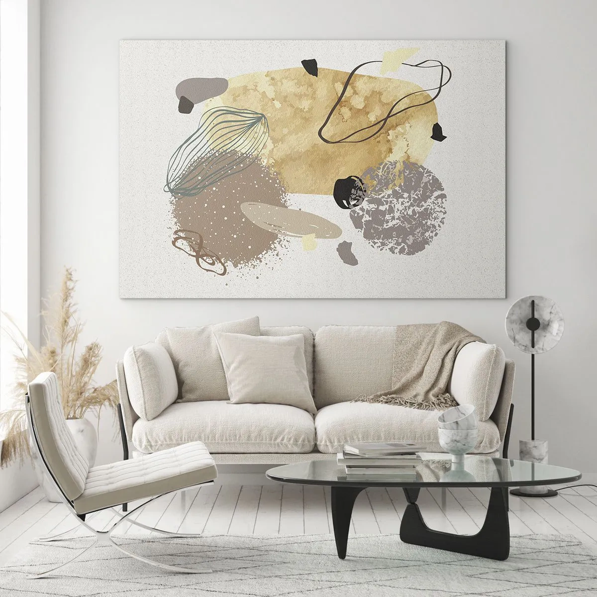 Glass picture - Beige and brown abstraction with irregular shapes - 70x50cm - Applied Splashing - Modern wall decoration for the living room and bedroom ARTTOR