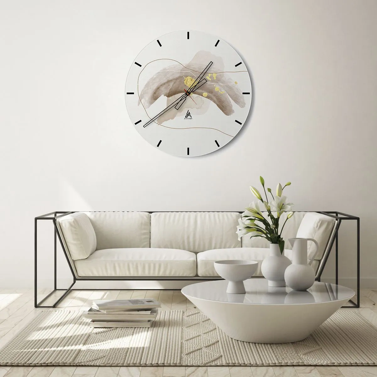 Wall clock - Clock on glass - An abstract composition with beige spots and gold accents. - 30x30cm - Encountered in Space - Modern wall decoration for the living room, kitchen, and bedroom ARTTOR