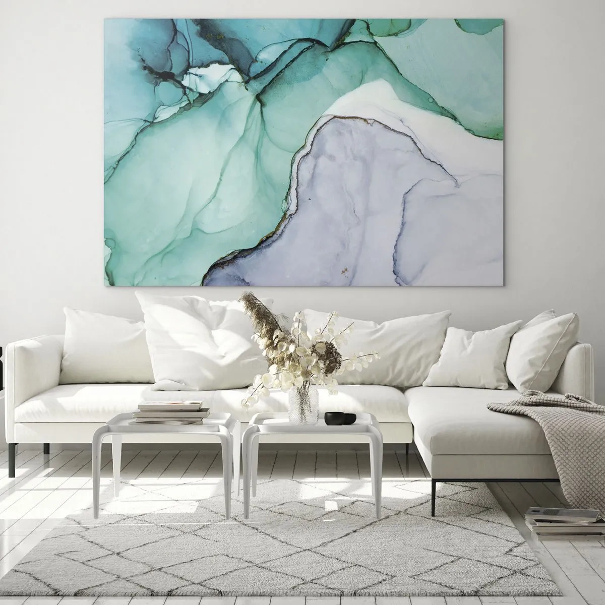 Glass picture - An abstract painting in shades of turquoise and white, with delicate cracks. - 70x50cm - Study in Turquoise - Modern wall decoration for the living room and bedroom ARTTOR