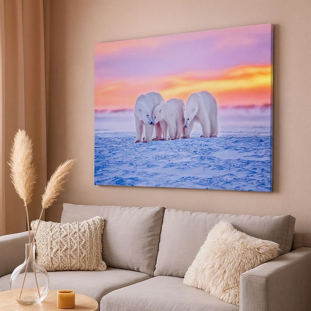 Canvas picture - Three polar bears against the backdrop of an Arctic sunset - 70x50cm - Family Warmth Is Enough - Modern wall decoration for the living room and bedroom ARTTOR