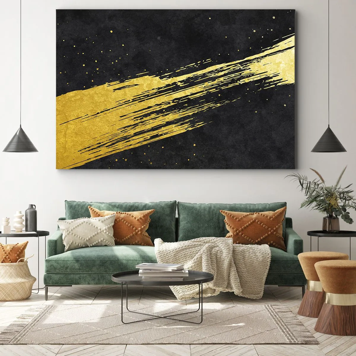 Canvas picture - Black background with dynamic gold brushstrokes - 70x50cm - Jump to the Outer Space - Modern wall decoration for the living room and bedroom ARTTOR