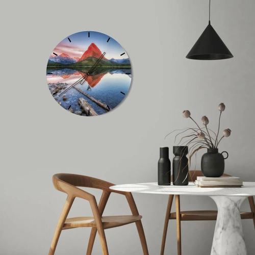 Wall clock - Clock on glass - Mountain landscape with reflection in the lake - 30x30cm - Heat and Cold - Modern wall decoration for the living room, kitchen, and bedroom ARTTOR