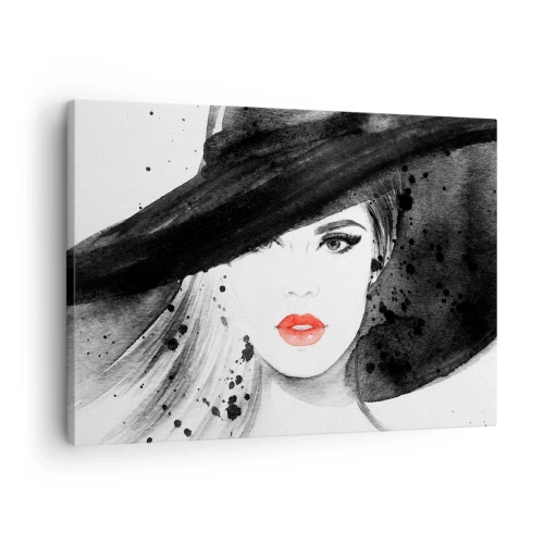 Canvas picture - Portrait of a woman in a hat with red lips - 70x50cm - Lady in Black - Modern wall decoration for the living room and bedroom ARTTOR