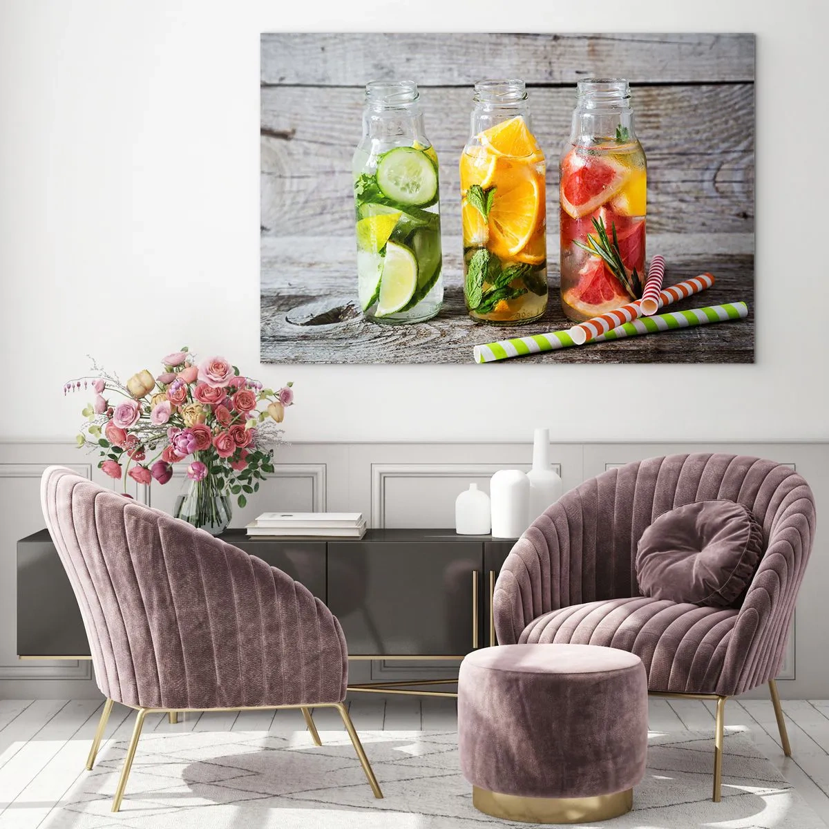 Glass picture - Bottles of fruit water and herbs on a wooden background - 70x50cm - Healthy by Nature - Modern wall decoration for the living room and bedroom ARTTOR
