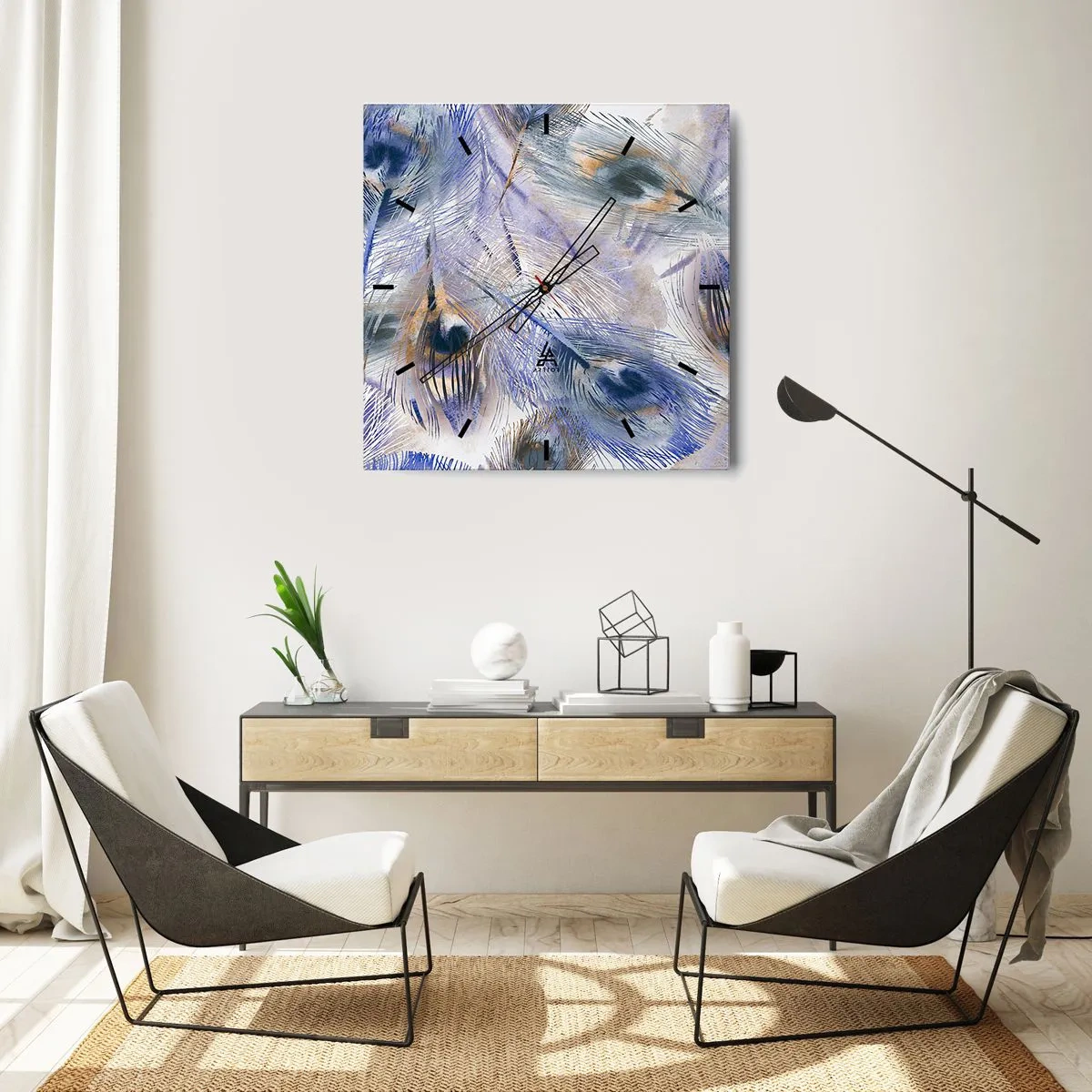 Wall clock - Clock on glass - Peacock's Feather Composition - 40x40 cm